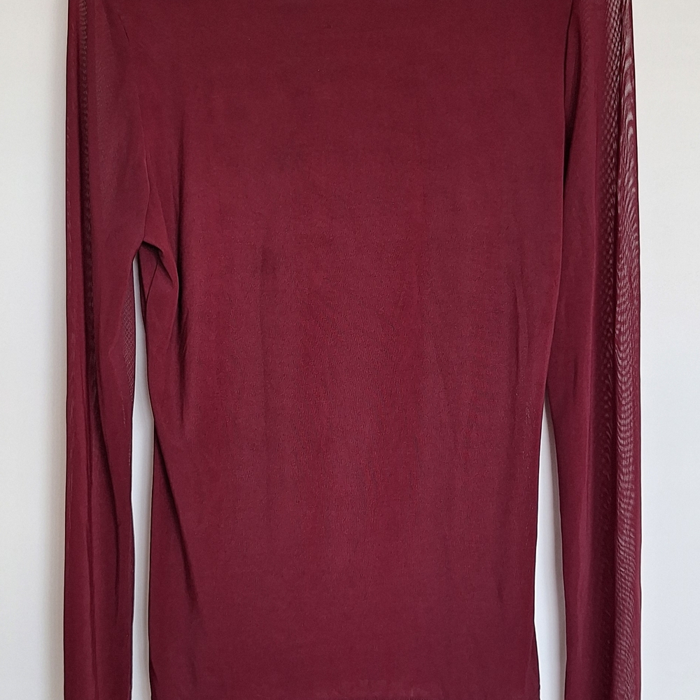 Neiman Marcus Deep Red Long Sleeve Mesh Top